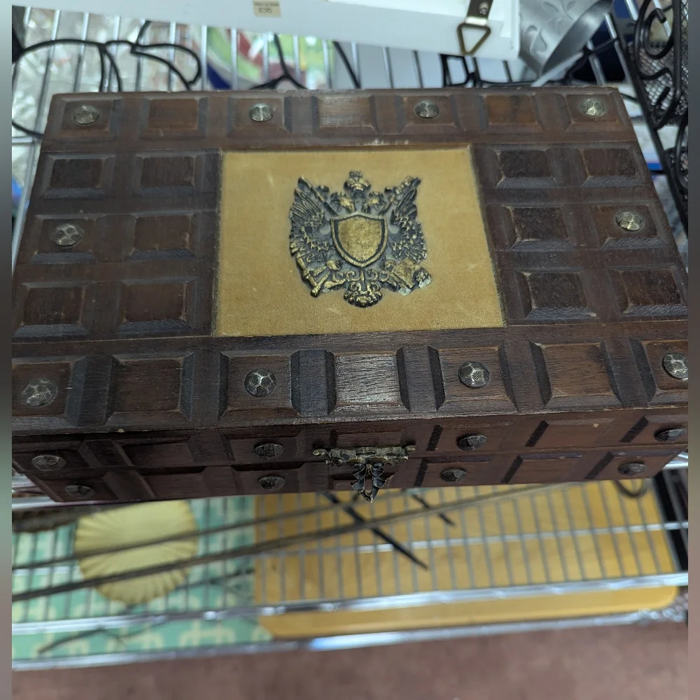 Vintage, Japanese Wood Jewelry Keepsake Box- Metal Double-Headed Eagle Crest